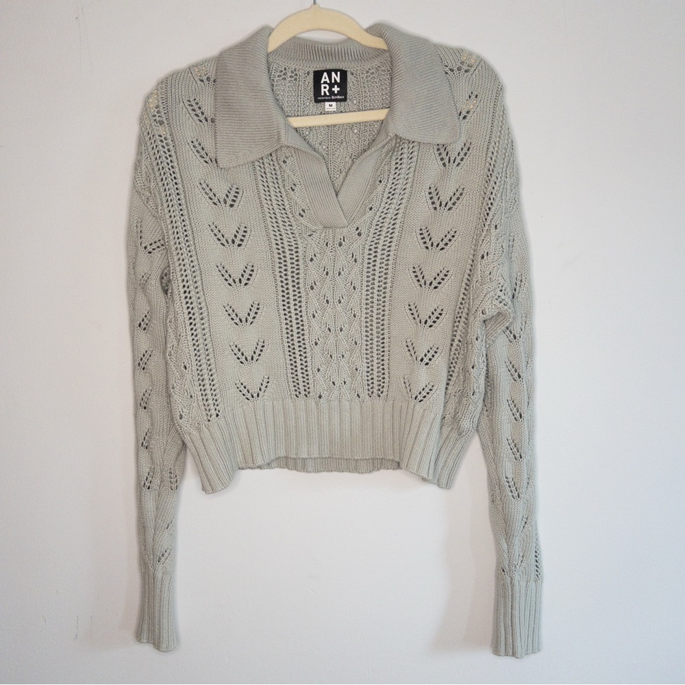 Alp N Rock Karin Polo Sweater Light Blue Pointelle Cotton Collared Cropped